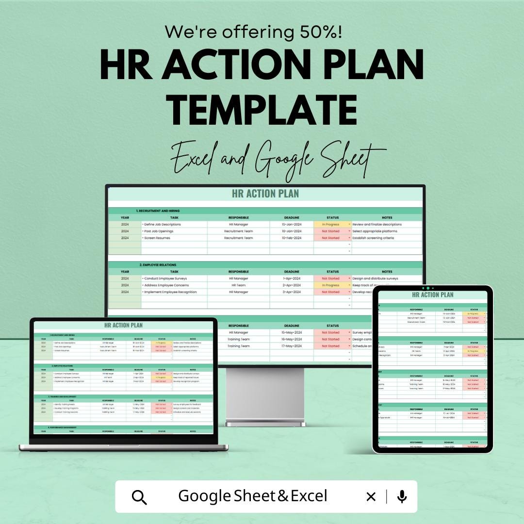 HR Action Plan Template HR Strategy Planner Human Resources Planning Spreadsheet Excel & Google Sheets Workforce Management Tool