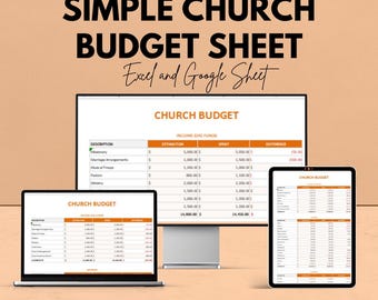 Könnte beinhalten: Werbung für ein einfaches Kirchenbudget-Sheet, angezeigt auf einem Laptop, Desktop-Monitor und Tablet. Der Text lautet "SIMPLE CHURCH BUDGET SHEET Excel und Google Sheet". Das Bild zeigt eine Tabelle mit Spalten für Beschreibung, Schätzung, Ausgaben und Differenz.