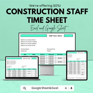 Può includere: Una pubblicità per un foglio presenze per il personale edile, disponibile in Excel e Google Sheets. L'immagine mostra un laptop, un tablet e un grande schermo che mostra il layout del foglio presenze. Il testo include "We're offering 50%!" e "Google Sheet & Excel."