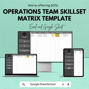 Puede incluir: Un anuncio de una plantilla de matriz de habilidades del equipo de operaciones. La imagen muestra una computadora portátil, un monitor de escritorio y una tableta que muestra la plantilla. El texto incluye "We're offering 50%!" y "Excel and Google Sheet."