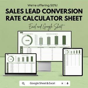 Peut inclure: Image promotionnelle pour une feuille de calcul du taux de conversion des prospects. L'image présente un ordinateur portable, un écran d'ordinateur et une tablette affichant des visualisations de données. Le texte comprend "SALES LEAD CONVERSION RATE CALCULATOR SHEET" et "Excel and Google Sheet".