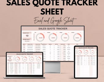 Peut inclure: Une feuille de suivi des devis de vente numérique affichée sur un ordinateur portable, un moniteur de bureau et une tablette. Le texte "SALES QUOTE TRACKER SHEET" est bien en évidence. L'image comprend également le texte "Excel and Google Sheet" et "We're offering 50%!"