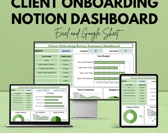 Puede incluir: Gráfico de marketing digital que promociona un panel de control Notion para la incorporación de clientes. La imagen muestra una computadora portátil, un monitor de escritorio y una tableta que muestran la interfaz del panel. El texto incluye "Client Onboarding Notion Dashboard" y "Excel and Google Sheet."
