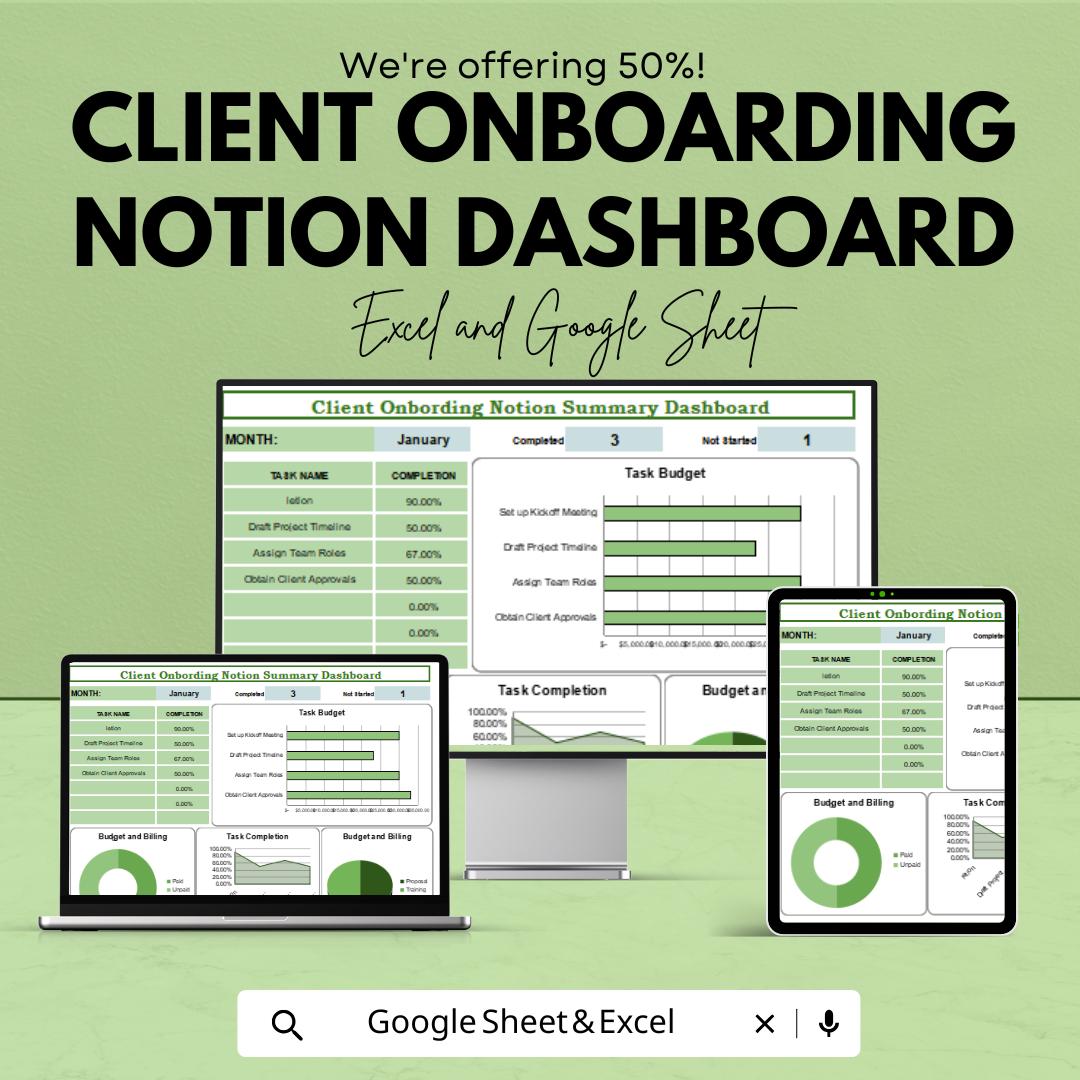 Client Onboarding Notion Dashboard Sheet Excel and Google Sheets Project Management Tool Budgeting & Task Tracking