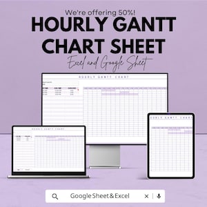 Puede incluir: Un anuncio de una hoja de diagrama de Gantt por horas, compatible con Excel y Google Sheets. La imagen muestra una computadora de escritorio, una computadora portátil y una tableta que muestran el diagrama. El fondo es de color púrpura claro y el texto es en blanco y negro.