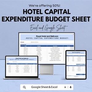 Puede incluir: Imagen promocional de una hoja de cálculo de presupuesto de gastos de capital hotelero. El texto dice: "¡Ofrecemos un 50%! HOJA DE PRESUPUESTO DE GASTOS DE CAPITAL HOTELERO Excel y Google Sheet." Se muestra en portátil, monitor y tableta.