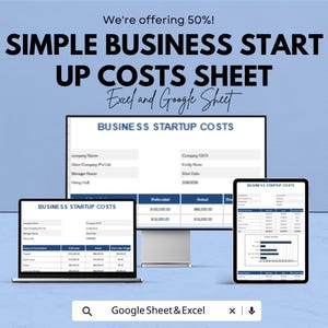 Modelo simples de custos iniciais de negócios - Excel e Planilhas Google, Planejador de orçamento para novos negócios, Rastreador de detalhamento de custos