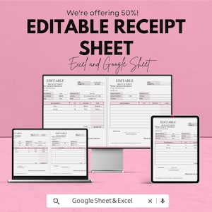 Könnte beinhalten: Werbung für ein editierbares Belegblatt, angezeigt auf einem Laptop, Desktop-Monitor und Tablet. Der Text lautet "EDITABLE RECEIPT SHEET" mit "Excel and Google Sheet" darunter. Der Hintergrund ist rosa.