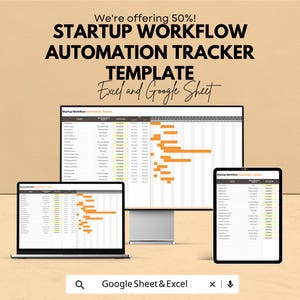 Könnte beinhalten: Werbebild für eine Startup-Workflow-Automatisierungs-Tracker-Vorlage. Der Text lautet: "Wir bieten 50 %! STARTUP WORKFLOW AUTOMATION TRACKER VORLAGE Excel und Google Sheet." Die Vorlage wird auf einem Laptop, einem Monitor und einem Tablet angezeigt.