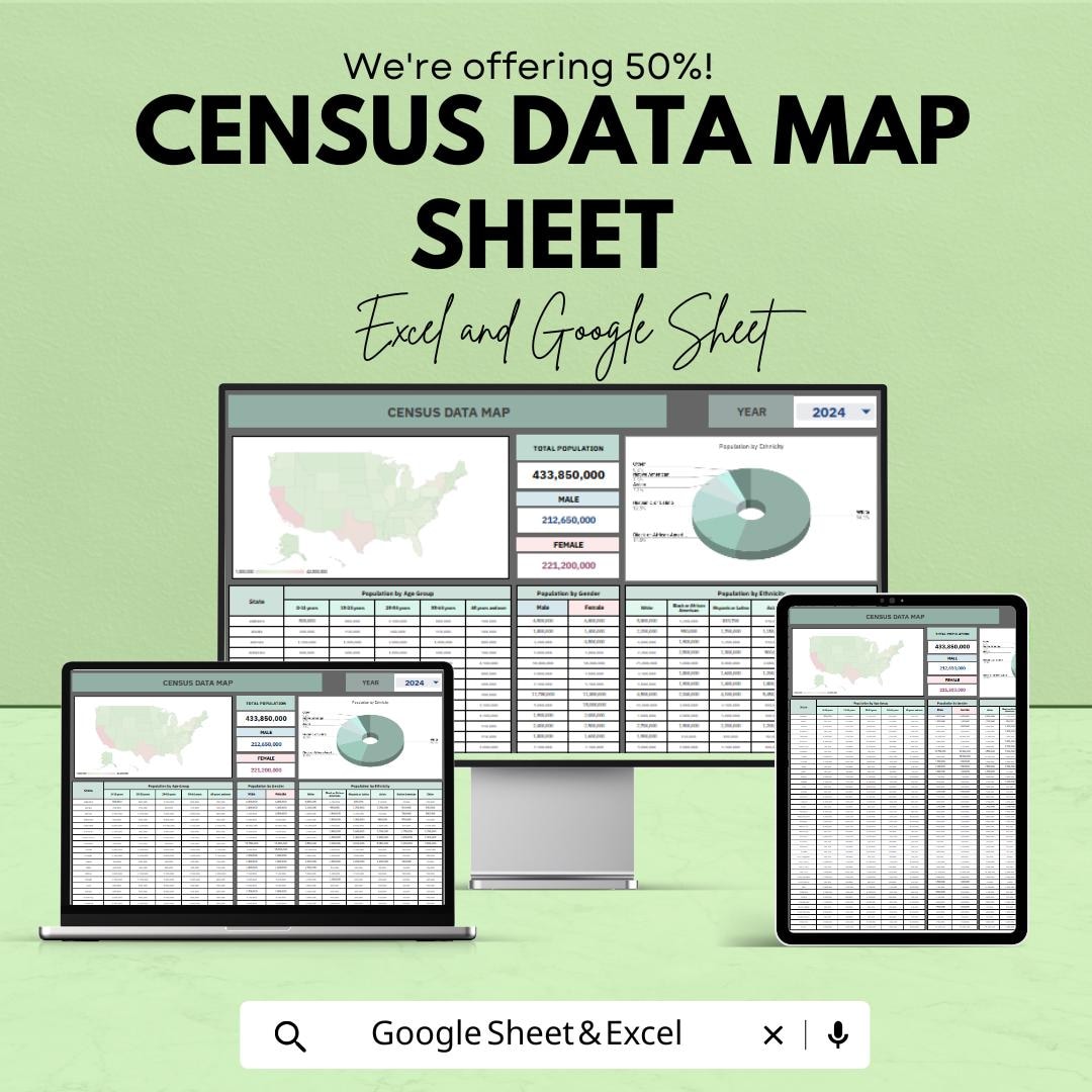 Census Data Map Sheet – US Population and Demographics Data in Excel ...