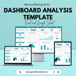 Puede incluir: Un gráfico turquesa que promociona una plantilla de análisis de panel para Excel y Google Sheet. El texto dice "We're offering 50%! DASHBOARD ANALYSIS TEMPLATE Excel and Google Sheet." La imagen muestra una computadora portátil, un monitor y una tableta que muestran datos.