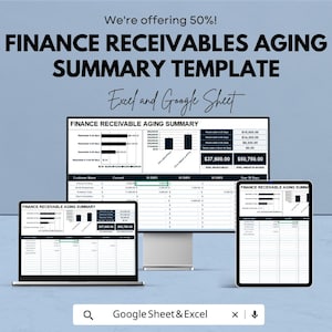 Peut inclure: Un modèle numérique de résumé de l'état des créances financières affiché sur un ordinateur portable, un moniteur de bureau et une tablette. Le modèle est pour Excel et Google Sheets, avec le texte "We're offering 50%!" en haut.