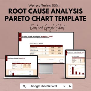 Mall för Pareto-diagram för rotorsaksanalys, Pareto-diagram i Excel, Pareto-analys i Google Sheets, regeldiagram för 80-20, verktyg för kvalitetsförbättring