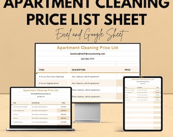Può includere: Una pubblicità per servizi di pulizia di appartamenti. L'immagine mostra un listino prezzi su un monitor di computer, un laptop e un tablet. Il testo recita "Apartment Cleaning Price List" e "Excel and Google Sheet". L'annuncio offre uno sconto del 50%.