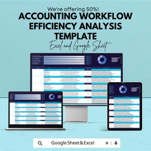 May include: An advertisement for an accounting workflow efficiency analysis template. The image shows a laptop, desktop monitor, and tablet displaying the template. The text on the image says "We're offering 50%! ACCOUNTING WORKFLOW EFFICIENCY ANALYSIS TEMPLATE Excel and Google Sheet."