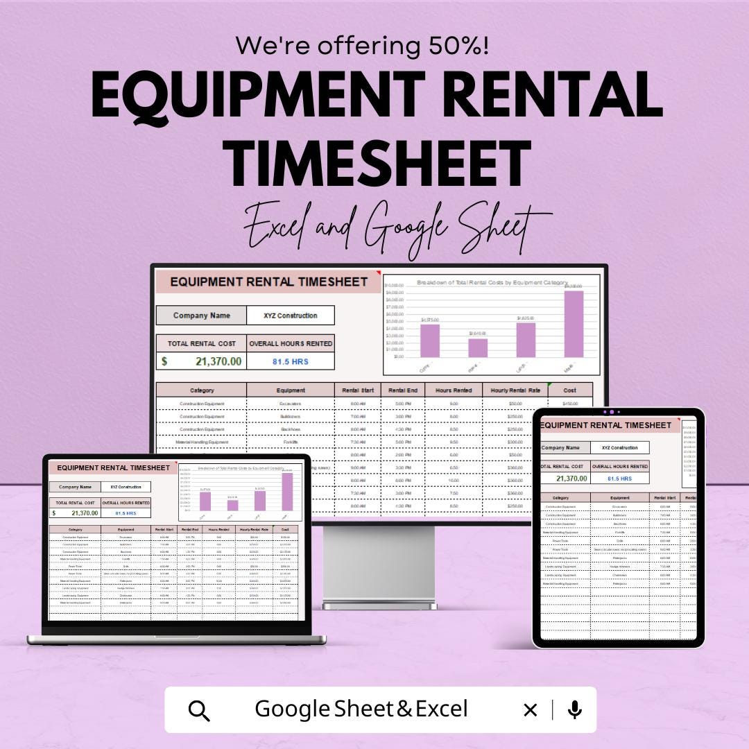 Equipment Rental Timesheet | Excel & Google Sheet for Tracking ...