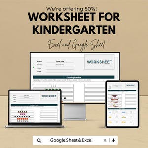 Puede incluir: Imagen promocional de una hoja de trabajo para jardín de infancia, mostrada en un portátil, un monitor de escritorio y una tableta. El texto dice "WORKSHEET FOR KINDERGARTEN" y "Excel and Google Sheet".