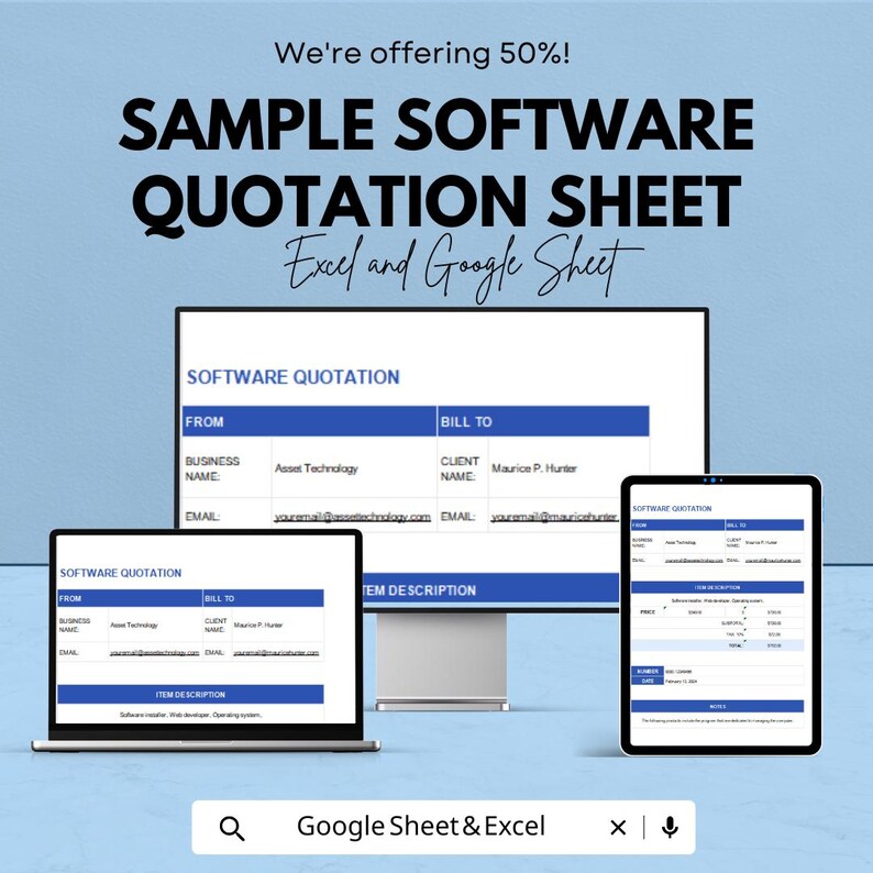 May include: An advertisement for a software quotation sheet, displayed on a computer monitor, laptop, and tablet. The text reads "SAMPLE SOFTWARE QUOTATION SHEET Excel and Google Sheet." The image also includes the text "We're offering 50%!"