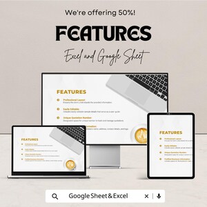 May include: An advertisement for Excel and Google Sheet features. The image shows a laptop, desktop monitor, and tablet displaying the word "FEATURES" and bullet points. The text "We're offering 50%!" is at the top, with "Excel and Google Sheet" below.