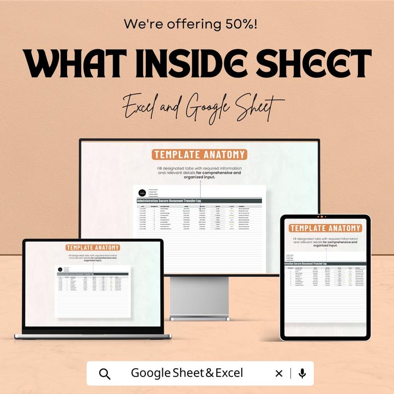 May include: An advertisement for a digital template, shown on a laptop, desktop monitor, and tablet. The text reads "WHAT INSIDE SHEET" and "Excel and Google Sheet." The image also includes the text "TEMPLATE ANATOMY" and "We're offering 50%!"