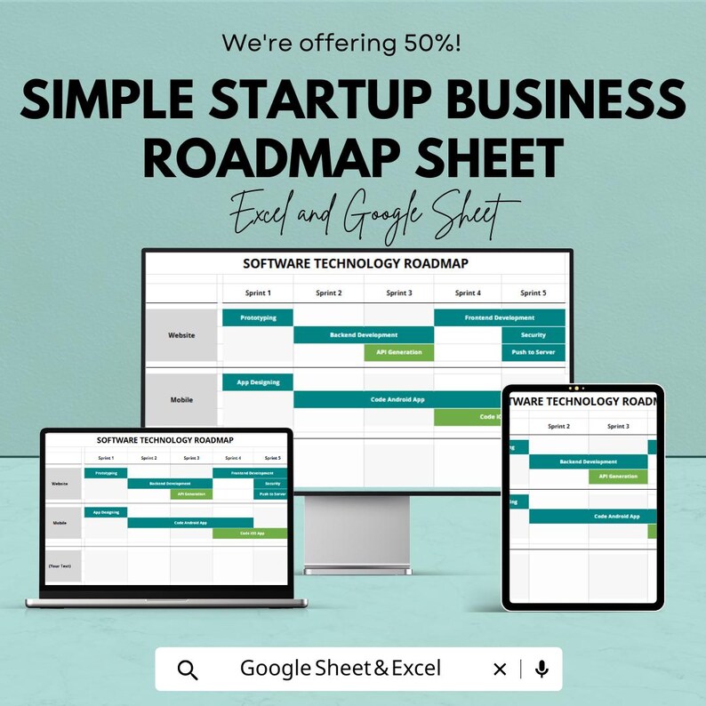 May include: A digital marketing image promoting a Simple Startup Business Roadmap Sheet. The image shows a computer monitor, laptop, and tablet displaying a software technology roadmap. The text includes "Excel and Google Sheet".