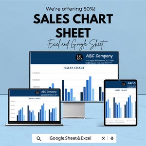 Puede incluir: Imagen promocional de una hoja de gráfico de ventas que se muestra en una computadora portátil, una computadora de escritorio y una tableta. El gráfico presenta gráficos de barras azules. El texto dice "SALES CHART SHEET Excel and Google Sheet".