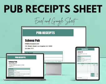 Puede incluir: Un anuncio de una hoja de recibos de pub, compatible con Excel y Google Sheets. La imagen muestra una computadora portátil, una tableta y una pantalla de computadora que muestra un recibo de muestra. El texto incluye el nombre de la empresa, la información de contacto y una oferta del 50%.