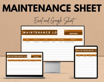 May include: A digital display of a maintenance sheet template, with the text "MAINTENANCE SHEET" in bold letters. The template is displayed on a computer monitor, laptop, and tablet. The text "Excel and Google Sheet" is also visible. The image includes the text "We're offering 50%!" and "Google Sheet & Excel".