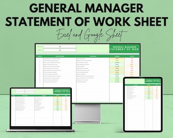 Plantilla de Declaración de Trabajo para Gerente General para Excel y Hojas de Cálculo de Google: 50 % de descuento: Seguimiento de Trabajo Profesional para Gerentes