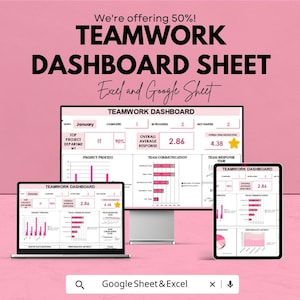 Teamwork Dashboard Sheet - Project Management Excel & Google Sheet - Track Tasks, Team Performance, and Progress - 50% Off Now!