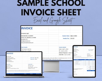 May include: A digital graphic promoting a sample school invoice sheet, available in Excel and Google Sheet formats. The image shows the invoice on a laptop, a monitor, and a tablet, with the text "We're offering 50%!" at the top.