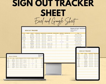 May include: An advertisement for a sign-out tracker sheet, available in Excel and Google Sheet formats. The image shows the tracker displayed on a laptop, desktop monitor, and tablet. The text includes "We're offering 50%!" and "Sign Out Tracker Sheet."