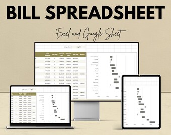 Può includere: Annuncio per un foglio di calcolo delle fatture, visualizzato su un laptop, un monitor desktop e un tablet. Il testo recita "BILL SPREADSHEET" e "Excel and Google Sheet". L'immagine indica anche "We're offering 50%!" e "Google Sheet & Excel".