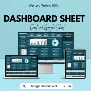Peut inclure: Une feuille de tableau de bord numérique affichée sur un ordinateur portable, un moniteur de bureau et une tablette. Le texte indique "DASHBOARD SHEET" et "Excel and Google Sheet". L'image montre des visualisations de données et des mesures financières.