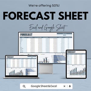Puede incluir: Imagen promocional de una hoja de cálculo de previsión, mostrada en un portátil, una tableta y un monitor. El texto dice "FORECAST SHEET" y "Excel and Google Sheet". La imagen también incluye el texto "We're offering 50%!" y "Google Sheet & Excel."