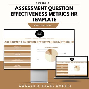 Peut inclure: Un écran d'ordinateur et un ordinateur portable affichent un modèle intitulé "ASSESSMENT QUESTION EFFECTIVENESS METRICS HR TEMPLATE". Le modèle comprend des sections pour le nom de l'employé, le service, le titre du poste et un graphique circulaire. Le texte "60% OFF ON ALL" est également visible.