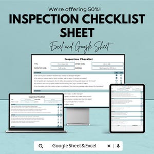 May include: An advertisement for an inspection checklist sheet, offering a 50% discount. The text "INSPECTION CHECKLIST SHEET" is prominently displayed. The image shows the checklist on a computer, monitor, and tablet. The text "Excel and Google Sheet" is also visible.