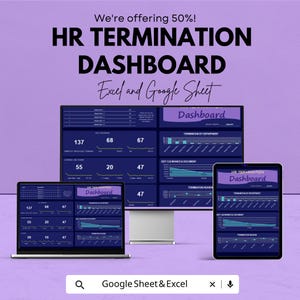 May include: A purple graphic with the text "HR TERMINATION DASHBOARD" and "Excel and Google Sheet." The dashboard is displayed on a laptop, tablet, and monitor. The text "We're offering 50%!" is at the top. The bottom has a search bar.