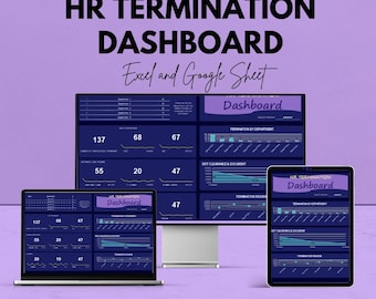 May include: A purple graphic with the text "HR TERMINATION DASHBOARD" and "Excel and Google Sheet." The dashboard is displayed on a laptop, tablet, and monitor. The text "We're offering 50%!" is at the top. The bottom has a search bar.