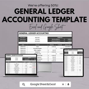 Puede incluir: Una plantilla de contabilidad digital para Excel y Google Sheets se muestra en una computadora portátil, un monitor de escritorio y una tableta. La plantilla incluye un libro mayor con datos financieros. El texto "We're offering 50%!" está en la parte superior.