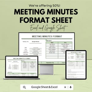 May include: An advertisement for a meeting minutes format sheet, displayed on a laptop, desktop monitor, and tablet. The text reads "MEETING MINUTES FORMAT SHEET Excel and Google Sheet." The background is a light green color.