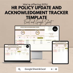 May include: A digital template for HR policy updates and acknowledgment tracking, displayed on a laptop, desktop monitor, and tablet. The template includes data visualizations and the text "Excel and Google Sheet". The image also includes the text "We're offering 50%!"