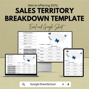 Puede incluir: Una plantilla digital de desglose de territorios de ventas que se muestra en un portátil, un monitor de escritorio y una tableta. La plantilla incluye mapas y visualizaciones de datos, con el texto "SALES TERRITORY BREAKDOWN TEMPLATE" y "Excel and Google Sheet".