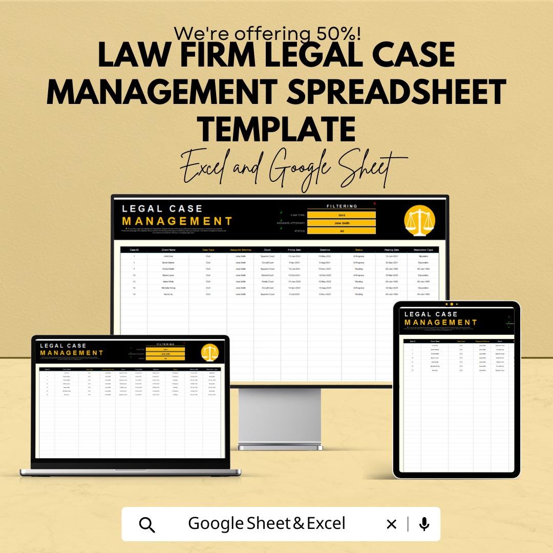 Law Firm Case Management Spreadsheet, Legal Case Tracker, Attorney Case ...