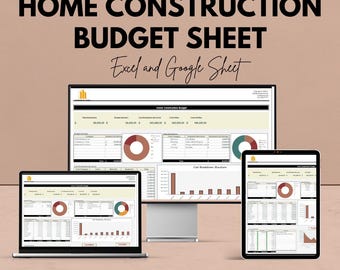 May include: A promotional image for a home construction budget sheet, displayed on a desktop computer, laptop, and tablet. The text reads "HOME CONSTRUCTION BUDGET SHEET Excel and Google Sheet". The background is a light brown color.