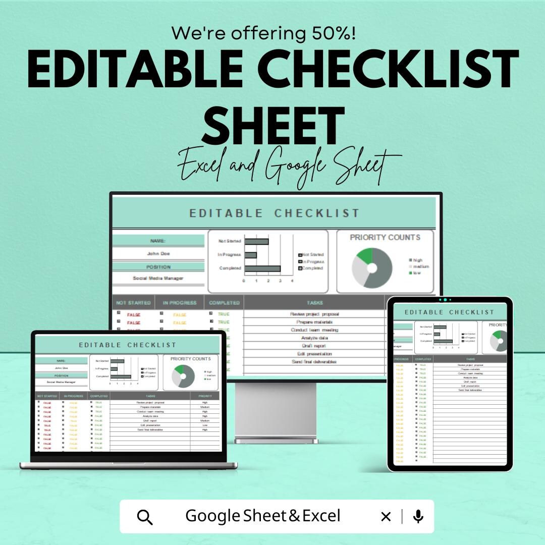 Editable Checklist Sheet | Excel and Google Sheets | Customizable Task ...