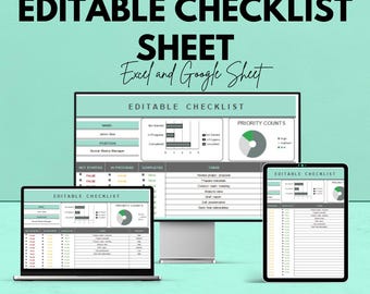 Editable Checklist Sheet | Excel and Google Sheets | Customizable Task List Template | Track Tasks & Progress | Priority Tracker |