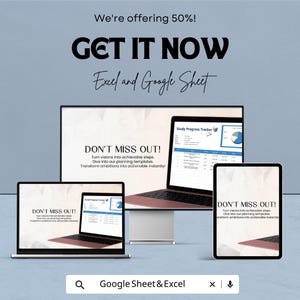 Peut inclure: Publicit&eacute; pour des mod&egrave;les Excel et Google Sheet. L'image montre un ordinateur portable, un &eacute;cran d'ordinateur et une tablette affichant un suivi des progr&egrave;s d'&eacute;tude. Le texte comprend "GET IT NOW" et "DON'T MISS OUT!" avec une offre de 50 % de r&eacute;duction.