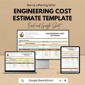 May include: An advertisement for an Engineering Cost Estimate Template, displayed on a laptop, desktop monitor, and tablet. The text reads "We're offering 50%!" and "Excel and Google Sheet."