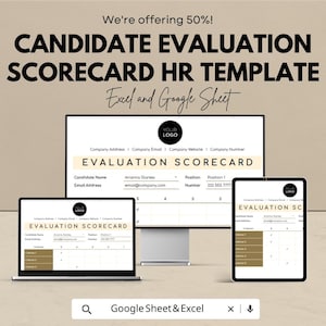 May include: A digital HR template for candidate evaluation, displayed on a computer monitor, laptop, and tablet. The template includes fields for candidate name, email, and evaluation criteria. The text reads "CANDIDATE EVALUATION SCORECARD HR TEMPLATE" and "Excel and Google Sheet".